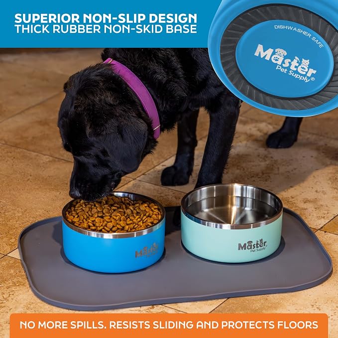 Master Pet Supply Stainless Steel Dog Bowls - 64 oz, Heavy Duty - True Blue, Double Wall Extra-Thick Insulated, Non-Slip Pet Water Bowl for Dogs, Cats & Pets, Anti Rust Metal, Dish Washer Safe
