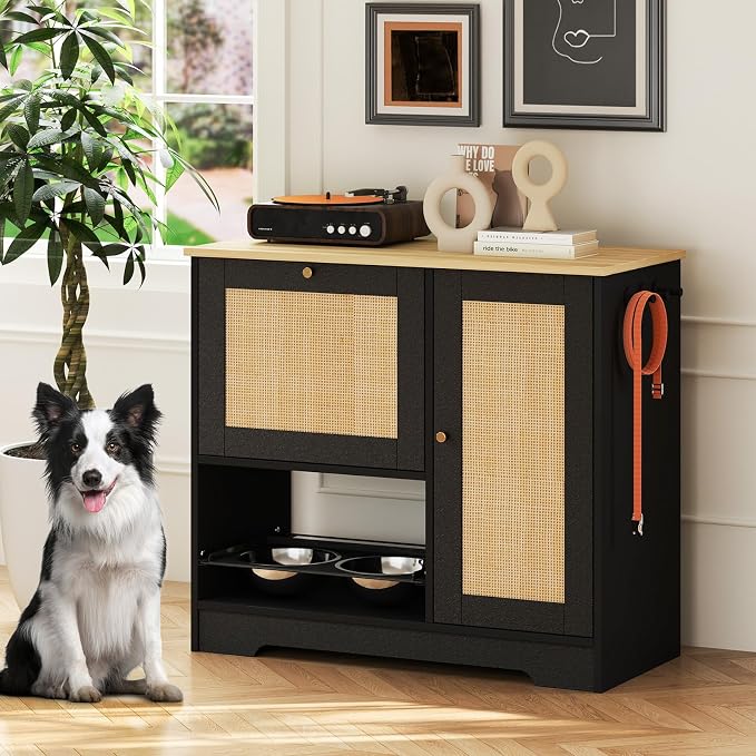 Rovibek Dog Feeding Station with with 2 Elevated Dog Bowls, Dog Food Storage Cabinet with with Storage and Hooks, Hidden Pet Feeder Station Wood for Cats and Dogs, Black