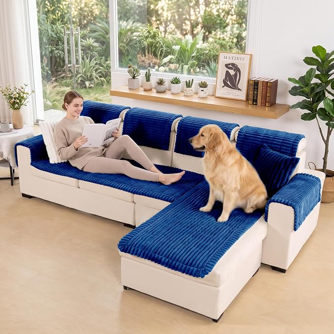 FUANGUI 2 Pack Waterproof Couch Cover for Dogs Pets Sofa Protector | Non-Slip Washable Fuzzy Soft Sofa Slipcover for 2 PCS L Shaped Sofa Pet Friendly, 27.6" x 70.9"+27.6" x 82.7", Navy Blue