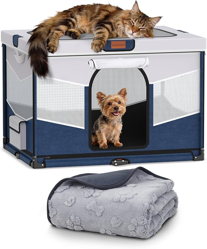 LOOBANI Foldable Dog Playpen with Washable Pee Pad, 32"x24"x22", Blue | Portable Pet Playpen for Small Dogs Cats Indoor Use, Sturdy Dog Crate with Premium Frame and 690D Oxford Waterproof Cover