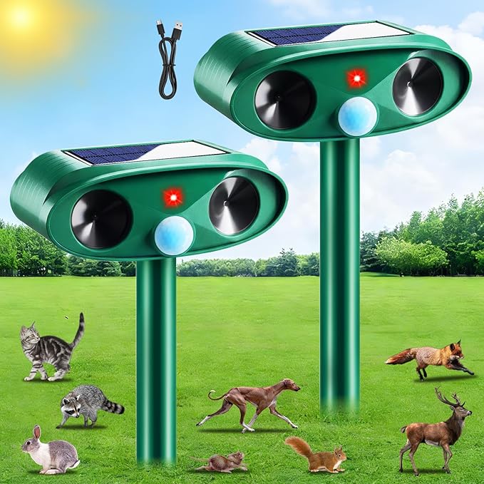 4 Pack Solar Animal Repellent Outdoor -Ultrasonic Deer Repeller with Motion Sensor & USB Charging,Weatherproof Deterrent for Yard Garden -Deter Cats,Squirrels,Raccoons,Rabbits,Skunts