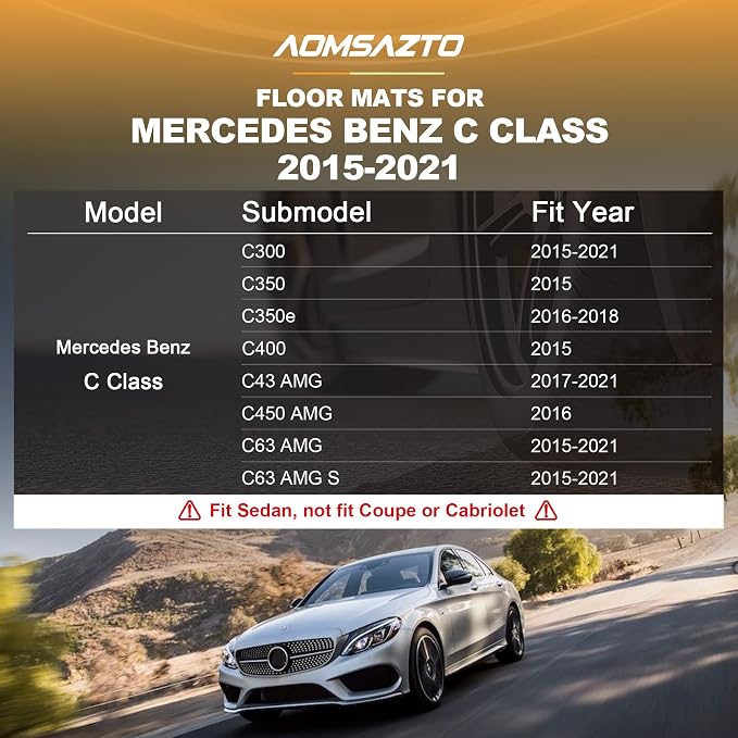 Floor Mats Fit for Mercedes-Benz C-Class C300 C43 AMG 2015-2021 Sedan Only | AOMSAZTO All Weather Custom Fit Floor Liners for 1st and 2nd Row, Black
