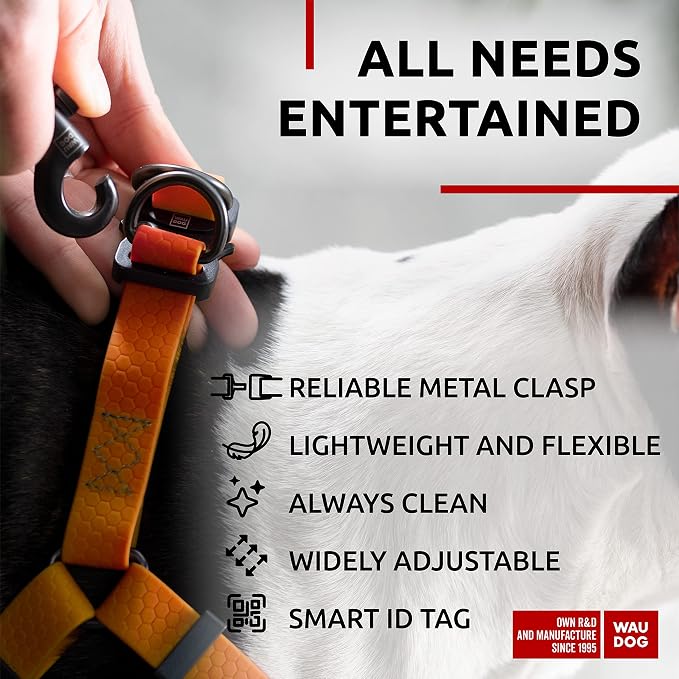 WAUDOG Waterproof Dog Harness - Adjustable for Large, Small and Medium Dogs - Heavy Duty with Durable Metal Clasp and QR Tag - Boy & Girl - Orange (20-32in)