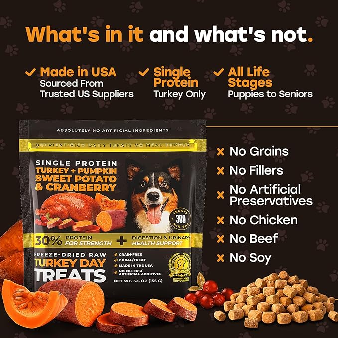 Turkey Day Treats & Meal Topper – Freeze-Dried Turkey Dog Treats, Kibble Mixer with Pumpkin & Sweet Potato – 30% Single Protein, Grain-Free Training Treats – Made in USA, 5.5 oz