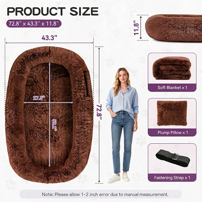 Human Dog Bed, Oversized Plush Lounger Bed with Plump Pillow and Blanket | 71" x 45" x 12" Long Plush Polyester Floor Nest for Relaxing, Napping, Reading, and Family Cuddle Time - Dark Brown