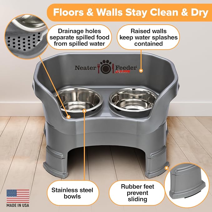 Neater Feeder Deluxe Mess-Proof Elevated Dog Bowls for Medium Dogs (19–40 lbs), 2 Height Adjustable (10” & 12.5”) No-Spill Raised Dog Bowl Stand, Stainless Steel Food Bowl Set, Made in USA, Gunmetal
