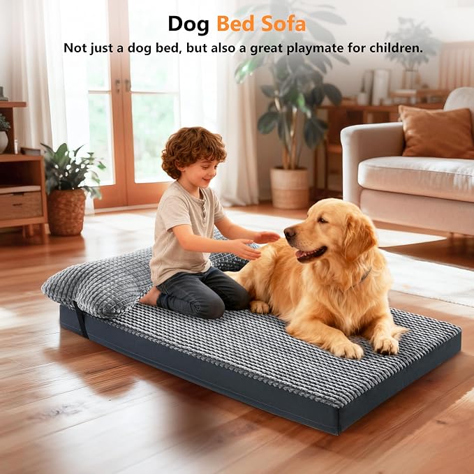 KISYYO Orthopedic L Dog Beds for Large Dogs with Removable Washable Cover and Removable Pillow for Crate,Waterproof Extra Large Dogs Mat, Grey, 35x23