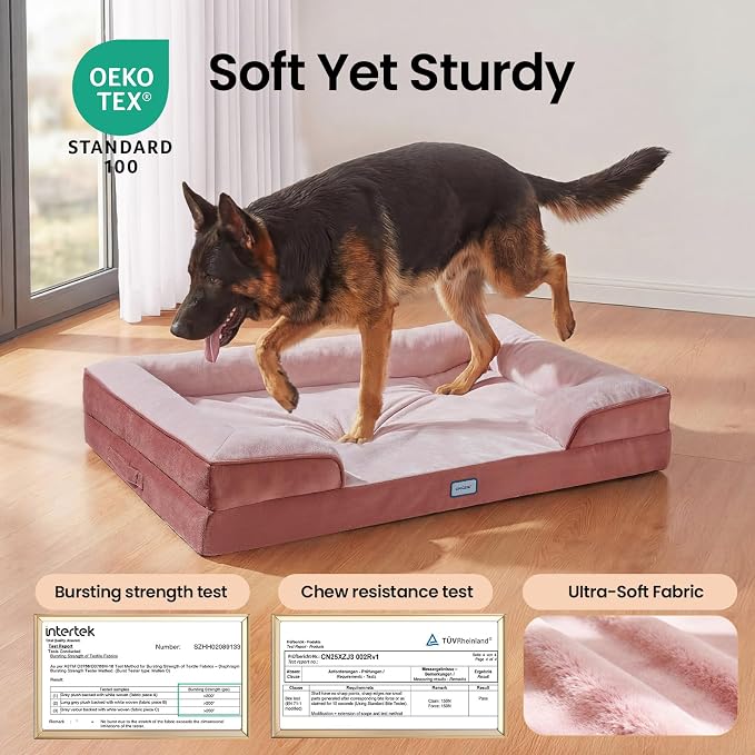 OhGeni Orthopedic Extra Large Dog Bed Couch, Memory Foam, 44-inch (Pink) | Waterproof Pet Bed with Machine-Washable Removable Cover & Soft Comfortable Fabric