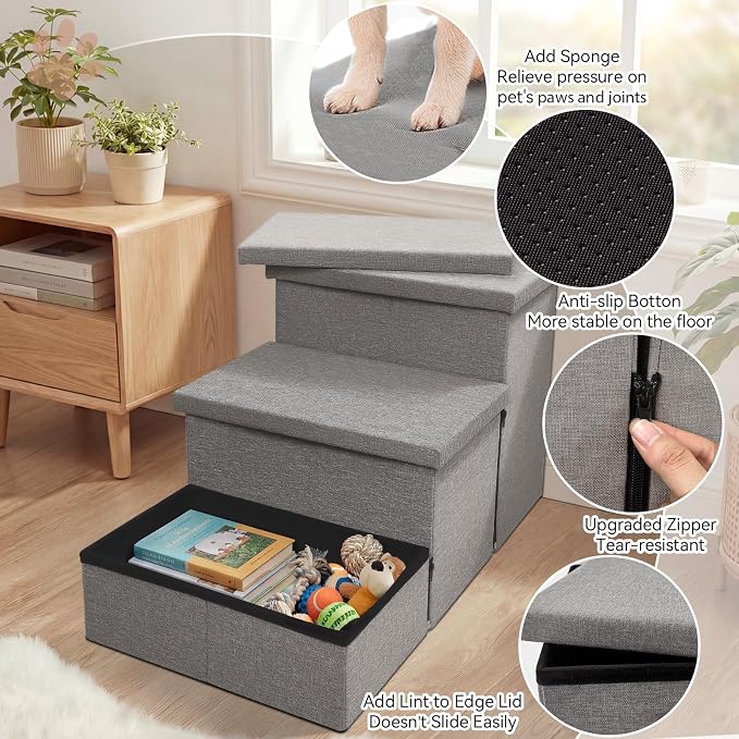 Zerbuger Dog Stairs with Storage, Grey 3 Steps Dog Ramp with Condo for Bed | 18" H Wider Dog Steps for High Beds Couch, Folding Storage Pet Stairs Gift for Climbing Small/Medium/Large Old Dogs Cats