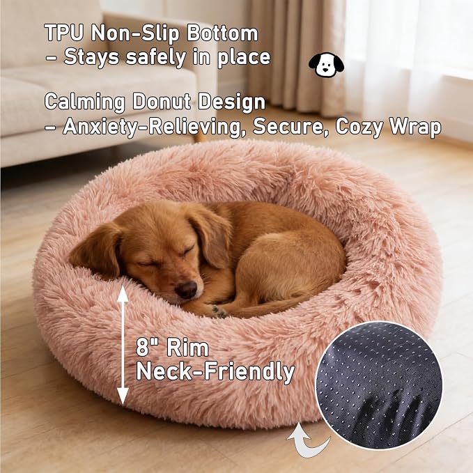 Calming Donut Dog Bed Medium Size Dog - Washable Removable Cover Non-Slip Bottom, Round Pet Bed Cat Bed Warming Fluffy Plush Faux Fur Anti-Anxiety, Fits up to 45 lbs (Blush, 30")