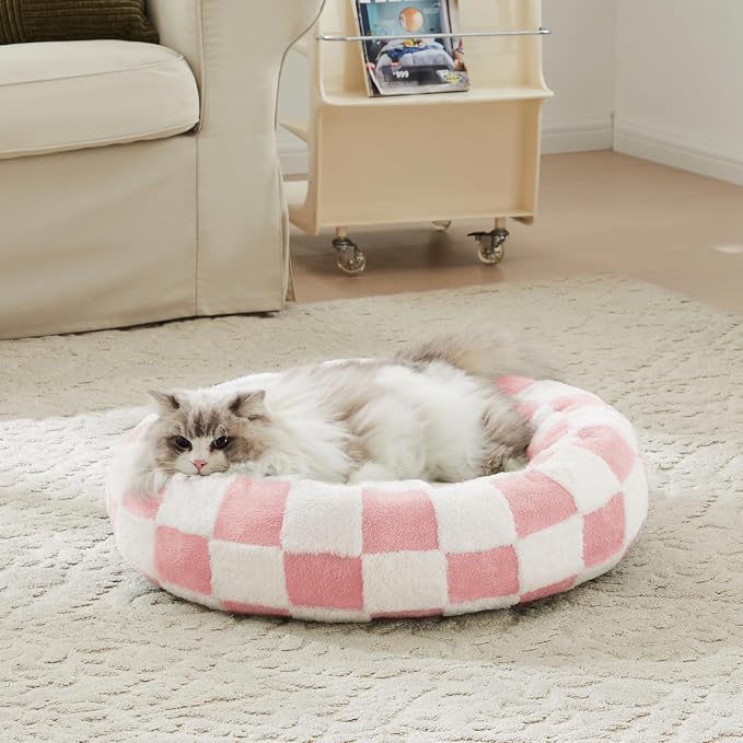 Ohocut Checkered Cat Dog Bed, Cute Girly Pink Retro Style Aesthetic Round Warming Pet Calming Beds for Small Dog and Cats, Plush Cozy Donut Beds Washable, 23" L x 23" W x 8" Th