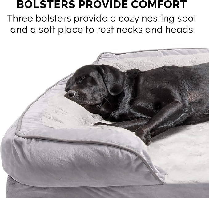 Furhaven Orthopedic Dog Bed for Large Dogs w/ Removable Bolsters & Washable Cover, For Dogs Up to 125 lbs - Plush & Velvet Waves Perfect Comfort Sofa - Granite Gray, Jumbo Plus/XXL