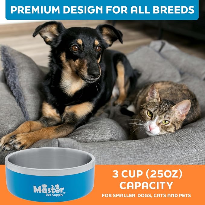 Master Pet Supply Stainless Steel Dog Bowls - 25 oz, Heavy Duty - True Blue, Double Wall Extra-Thick Insulated, Non-Slip Pet Water Bowl for Dogs, Cats & Pets, Anti Rust Metal, Dish Washer Safe