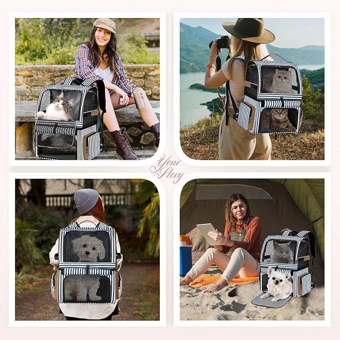Double Cat Backpack Carrier for 2 Cats, Double-Compartment Pet Carrier Backpack for 2 Small Cat or One Medium Cat, Cats Carrier Backpack Dog Carrier Backpack Fits Up to 24 Lbs,Blue Striped