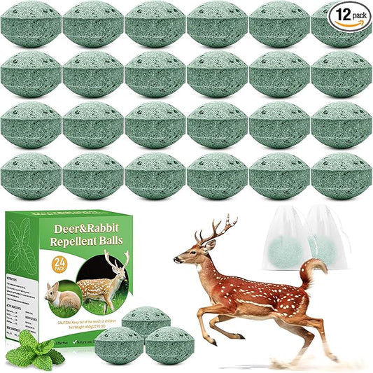 24 Pack Deer & Rabbit Repellent Balls for Outdoor Use, Long-Lasting Scent Deterrent, Helps Protect Plants, Garden, Lawn & Yard from Browsing Animals