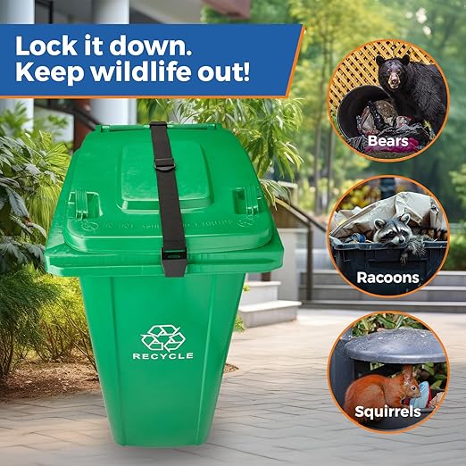 1PCS Bear Proof Trash Can Lock with Double Metal Claw - Heavy Duty Garbage Can Locks for Animals - Adjustable Strap Lid Lock for 32-96 Gallon Outdoor Cans - Secure Against Raccoons & Squirrels