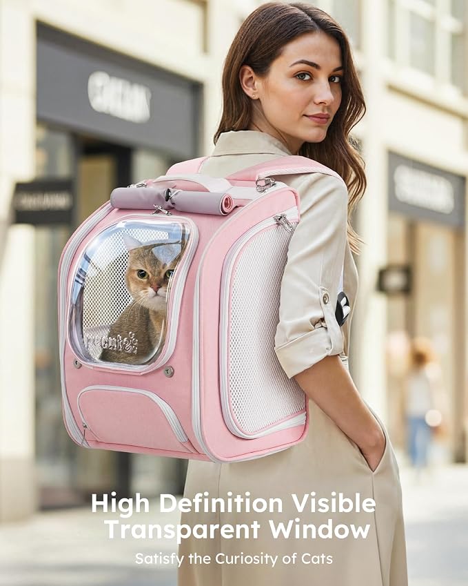 Pecute Cat Backpack Carrier,Large Space Cat Bubble Backpack,Ergonomic,Pink | Sunshade Curtain,Transparent Window,Safety Rope,Sturdy,Large Mesh on Both Sides for Breathability,Suitable for Outdoor,Vet
