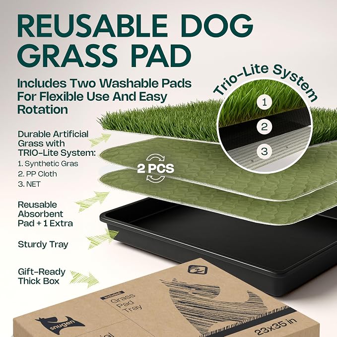 Dog Grass Pad with Tray 23”x35” – Artificial Pet Grass Patch for Dogs’ Potty with 2 Pcs of Washable Pee Pads & Puppy Potty Tray – Dog Litter Box Indoor & Outdoor for Puppy Training