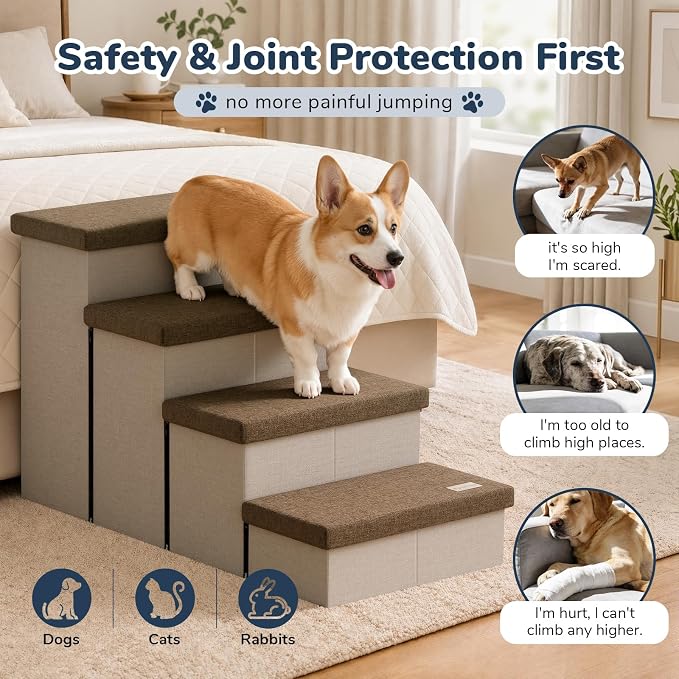 4-Step Wide Dog Stairs with Hidden Storage 23" H, Non-Slip Dog Steps for High Bed Couch Car, Jiont-Friendly Pet Stairs Ramp for Small/Medium/Large Old Dogs Cats Up to 220lbs, Beige&Coffee Lid