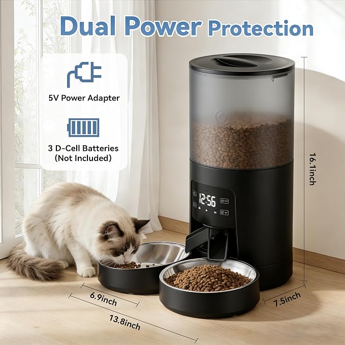 Sweetcrispy Automatic Cat Feeder for 2 Cats, 6L Automatic Pet Feeder, Black | 25.3 Cups, 2 Stainless Bowls, Programmable Schedule, 6 Meals/Day, 50 Portions/Meal, Dual Power Supply, 10s Meal Call