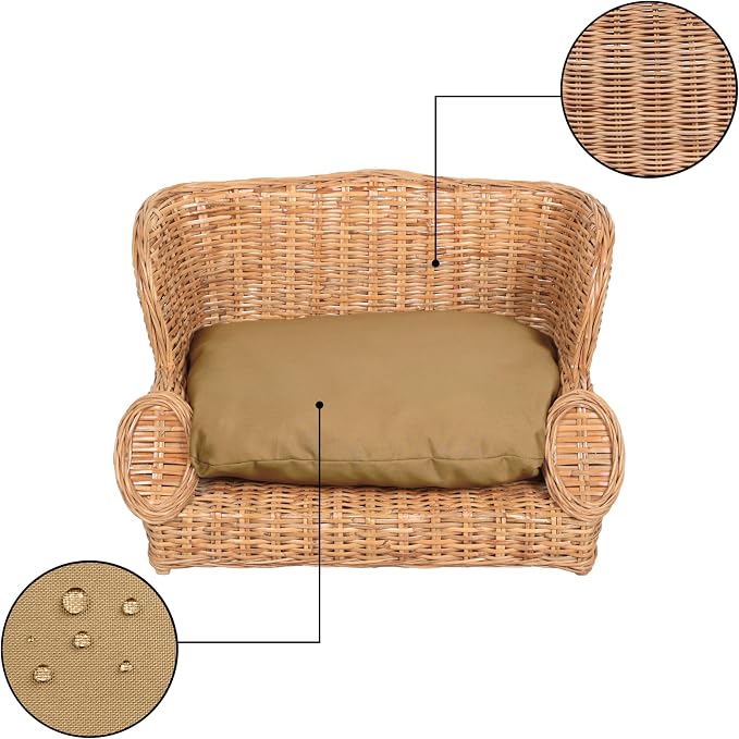 DBD1004B Handwoven Water Hyacinth Pet Daybed with Machine-Washable Cushion, 27.5" x 18" Wicker Sofa for Small to Medium Dogs and Cats, Vintage Style Elevated Pet Bed, Light Brown
