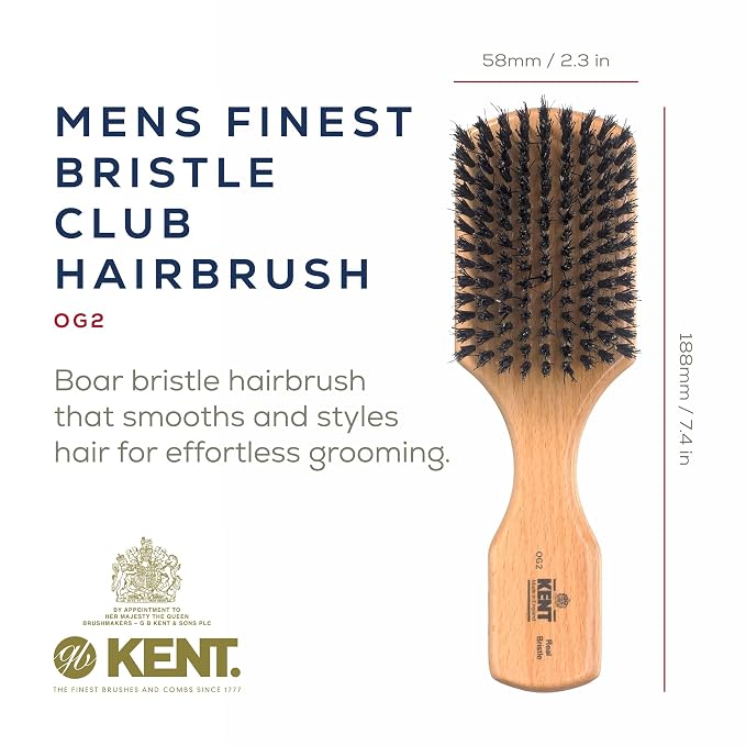 Kent OG2 Club Hair Brush, Small Boar Bristle Hair Brush for Men, Natural Boar Bristle Beard Brush for Men, Beechwood Kent Brush for Hair and Beards and Beard Straightener