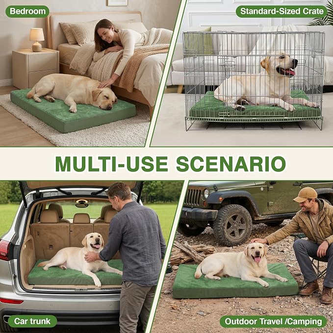 Waterproof Extra Large Dog Bed Washable Outdoor Orthopedic XL Crate Pad 42" | Reversible Wipeable Faux Leather & Soft Flannel, Durable Foam Pet Bed, Removable Cover,Anti-Slip Kennel Pad 41"x27" Green