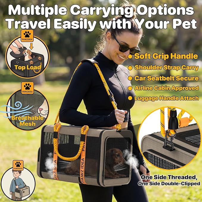 PAWZIDEA Expandable Pet Carrier for Small Cats & Dogs, TSA Airline Approved | 18"×11"×11" Soft-Sided Small Dog Travel Bag, Collapsible Top-Load Cat Carrier for 2 Cats Under Seat, Puppy Car Seat Up 15lbs