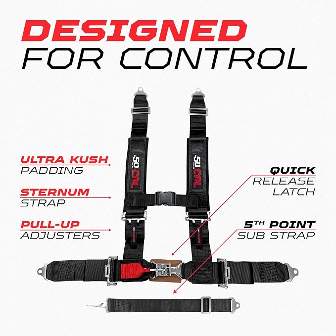 1pc Black 5 Point Harness w/ 2" straps, Racing Harness Seat Belt | Ultra Kush padding, Race latch quick release hardware. Universal Fit for UTV, RZR, race car. Part# 6009