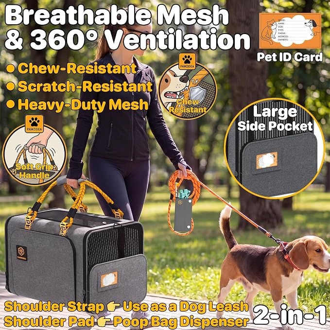 PAWZIDEA Expandable Large Pet Carrier, Soft-Sided 2–4 Cats Carrier Up 55lbs | 24"×16"×16" Collapsible Small to Medium Dog Carrier Travle Bag, Portable Dog Crate for Car Travel, Breathable, Storage Pocket