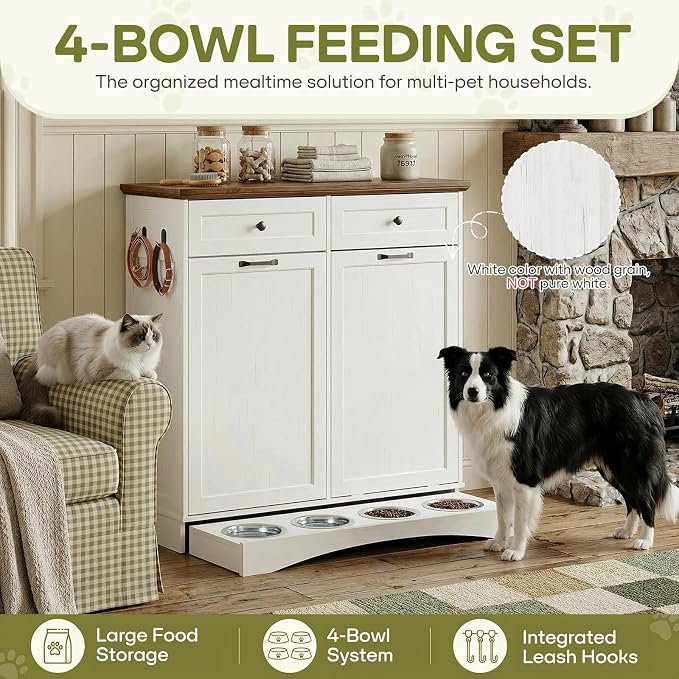 Furnaza Pet Feeding Station with 4 Bowls, Dual Doors Dog Cabinet Storage | White 39.7"W Dual Doors Pet feeding station with storage for dogs and cats, Pet Food Storage for Kitchen, Living Room