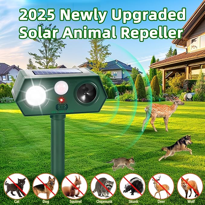 2026 Upgraded Solar Ultrasonic Animal Repellent Deer Repellent Devices with Motion Sensor & Flashing Light Cat Repellent Outdoor to Keep Squirrel Raccoon Rabbit Away from Yard Garden 2 Pack