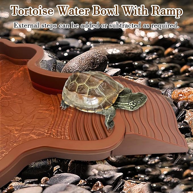 7 Pcs Reptile Bathing Pool 2-in-1 Tortoise Water Dish with Ramp Large Turtle Feeding Bowl with Steps Gecko Habitat Decoration Accessories Lizard Bath Tub