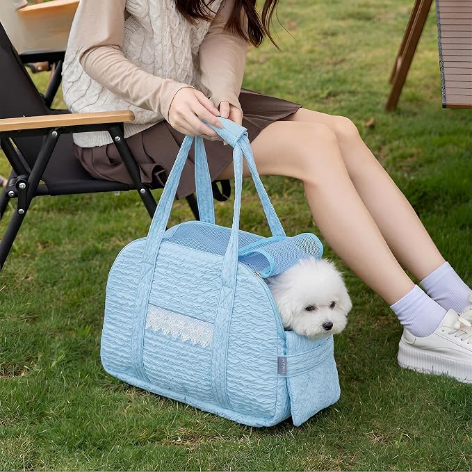 Dog Carrier Tote Bag, Foldable Soft Sided Breathable Mesh Lightweight Travel Handbag with Padded Handles, Lace Decor Portable Pet Purse for Small Puppy Kitten Cat Up to 15 Lbs (Blue)
