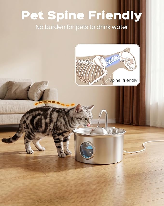 Cat Water Fountain Stainless Steel: Pet Water Fountains for Cats Indoor - 88oz/2.6L Cat Fountains for Drinking - Quiet Hemispherical Shape - Automatic Pet Fountain Bowl Dispenser- Small Animals