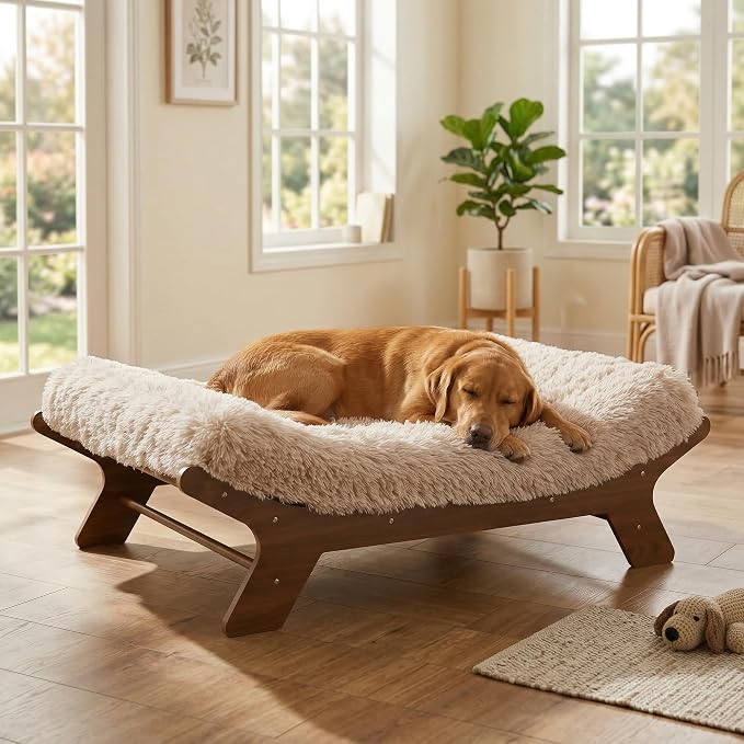 Elevated Wood Dog Bed Frame Mat Set, WalnutPattern, X-Large | Raised Sturdy Attractive Dog Sofa Couch Furniture,110 lb