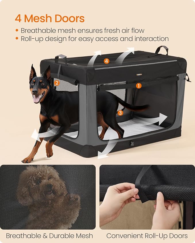 Feandrea Collapsible Dog Crate, Portable Oxford Fabric Pet Carrier, 48-Inch | For Extra Large Dogs, 4 Mesh Doors, Handles, Storage Pocket, Water Bottle Holder, Black and Gray BAX Collection UPDC022BH01