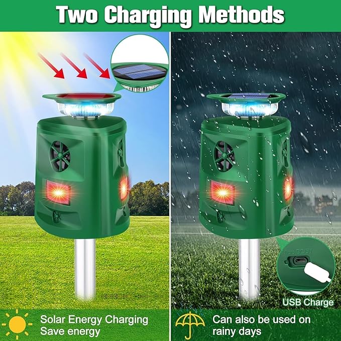 Solar Ultrasonic Squirrel Deer Repellent,Cat Repellent Outdoor,360 ° Solar Animal Repellent with Waterproof IP66 Motion Detection,Skunk Dog Raccoon Repellent Devices for Yard Garden Lawn Outdoor-Olive