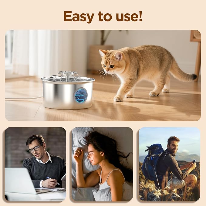 Pet Water Fountain Stainless Steel: Cat Fountain with 8 Filters & 8 Sponges | 88oz/2.6L Pet Fountain for Cats Indoor - Quiet Cats Dispenser - Cats Feeding & Watering Supplies - Gifts for Small Animals