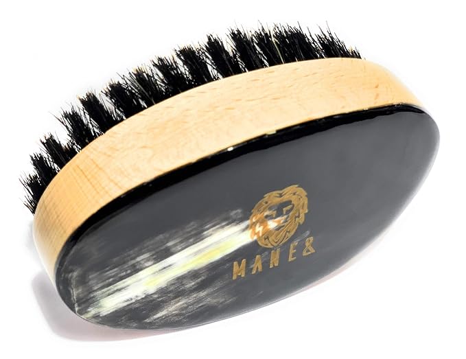 Man & Mane Premium Handmade Oxhorn & Beechwood Military Style Medium Stiff Natural Boar Bristle Men’s Hair Brush for Facial Hair & Beard Care