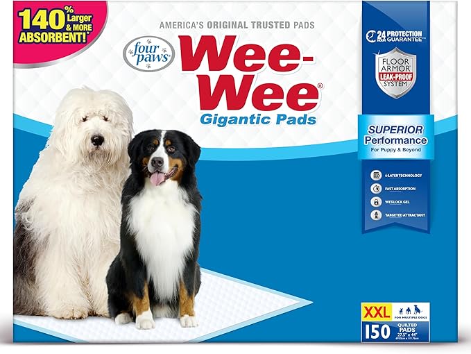 Four Paws Wee-Wee Superior Performance Gigantic Dog Pee Pads, 150 Count | Puppy & dog potty training pads, all day floor protection, housebreaking pet supplies, leak-proof puppy pads, 27.5" x 44"