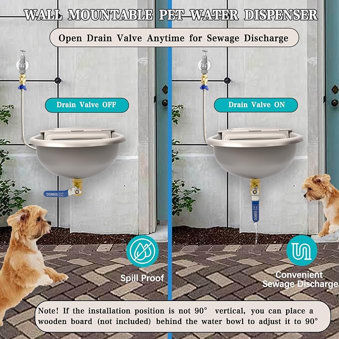 Automatic Dog Water Dispenser, Outdoor Chicken Waterer with Drain Valve, Easy Cleaning, Stainless Steel Auto Livestock Water Bowl with Float Valve, Self Drinking Trough for Horse (1 Gallon)
