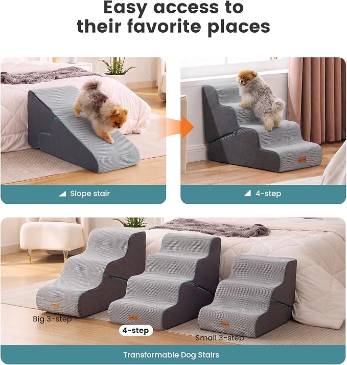 Gardner Pet Dog Stairs for Small Dogs 22" H, 2 in 1 Transformable 4-Step Pet Stairs and Dog Ramp for Couch Bed (23-27 in), Grey Adjustable Pet Steps