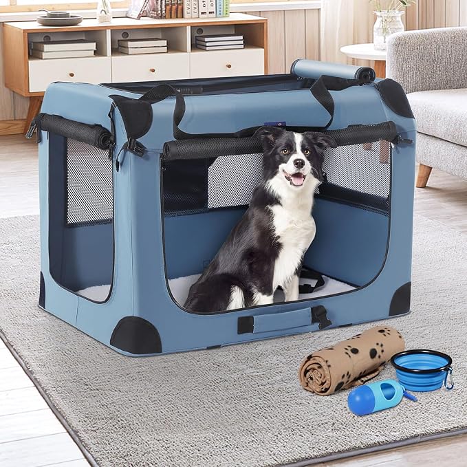 Petprsco Portable Dog Crates for Medium Dogs, 32"x23"x23" Travel Dog Crate | Collapsible Dog Crate with Plush Mat, Soft Blanket & Foldable Bowl, Strong Fabric, 4-Sided Vents, 3 Doors, Indoor/Outdoor Use