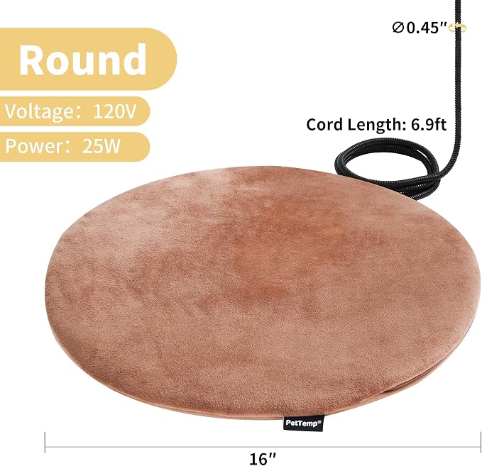 Pet Heating Pad for Cats Dogs Indoor & Sheltered Outdoor Waterproof Heated Cat Bed Heated Dog Bed Chew Resistant Cord Constant Temperature Brown Round 16 Inch
