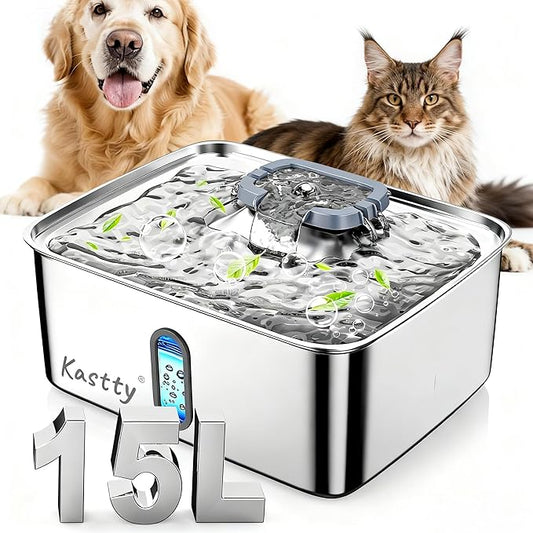 Kastty 3.96 Gal Dog Water Fountain for Large Dogs,15L Stainless Steel Large Pet Water Fountain, Ultra Quiet Automatic Dog Water Bowl Dispenser with Water Level Window and LED Light(FS78,Grey | Large Ultra Quiet Pet Water Fountain, Automatic Dog Water B...