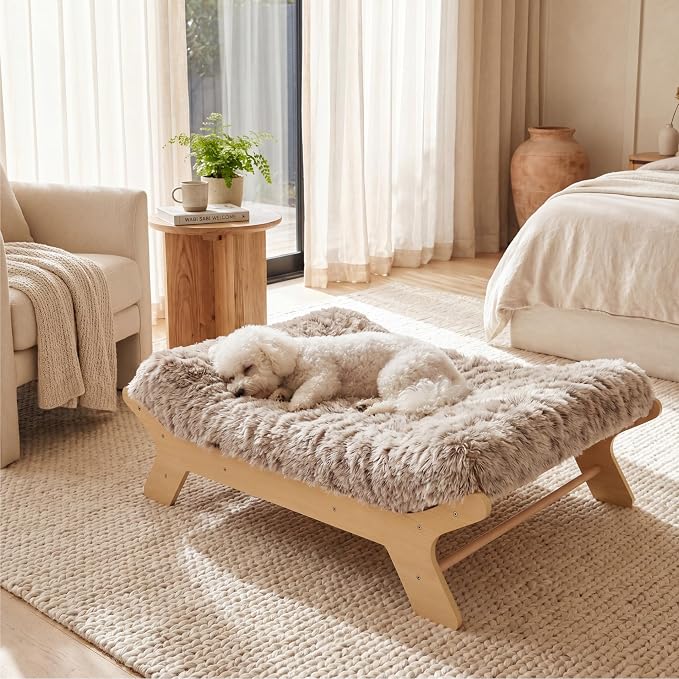 Elevated Wood Dog Bed Frame Mat Set, WoodPattern, Medium | Raised Sturdy Attractive Dog Sofa Couch Furniture, 60 lb