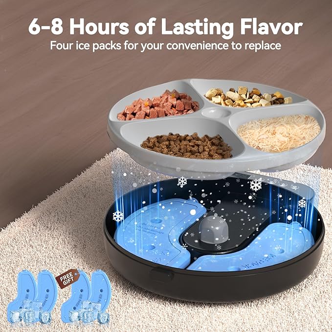 Automatic Cat Feeder Wet Food,Cordless Wet Pet Food Dispenser with 4 Ice Packs,4 Meals Per Day Fresh Food Refrigerated Container,Programmable Timed Battery Operated Auto Feeder for Kitten(Black)