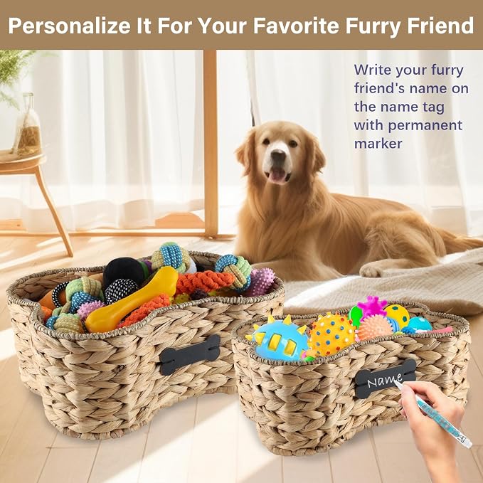 Set Of 2 Pet Dog Toy Basket-Dog Bone Basket-Wicker Basket for Pet Stuff-Dogs Toy Box for Living Room Area-Handmade Water Hyacinth Baskets with DIY Tag ﻿