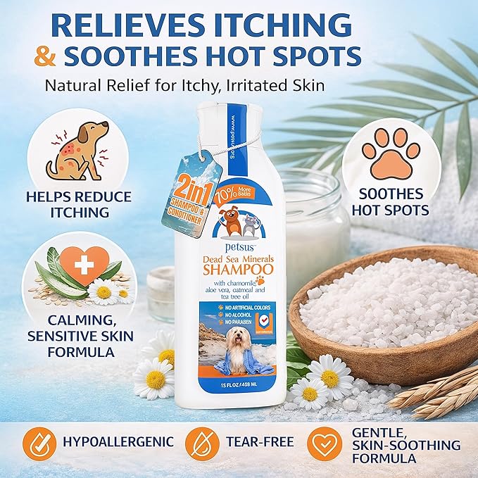 Anti-Itch Relief Dog & Cat Shampoo + Conditioner with Dead Sea Minerals, Hypoallergenic for Sensitive & Allergic Skin, Natural Deodorizing Coat Wash, 15 fl oz